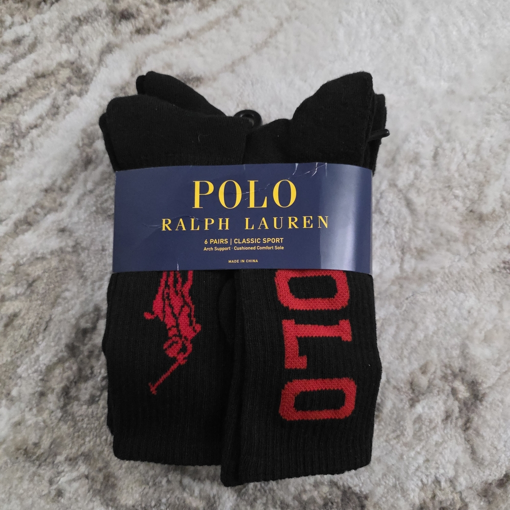 Polo Ralph Lauren Men's Black and Red Athletic Socks - 4 Pack